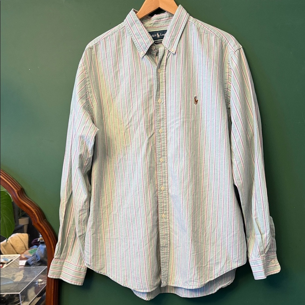 VNTG Ralph Lauren Mens XL Mint, Pink & Blue Striped Button-down Oxford Preppy